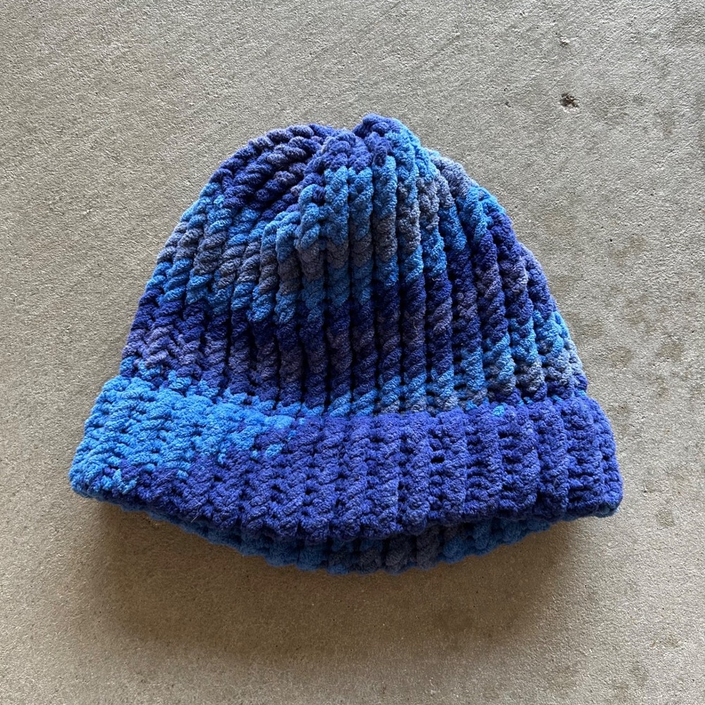 Vintage Chunky Chenille Knitted Beanie Hat Cap One Size Blue Crochet Cuffed